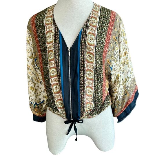 Zara Bohemian Festival Patchwork Cropped Raw Edge Lightweight Jacket Size Medium - Picture 1 of 9